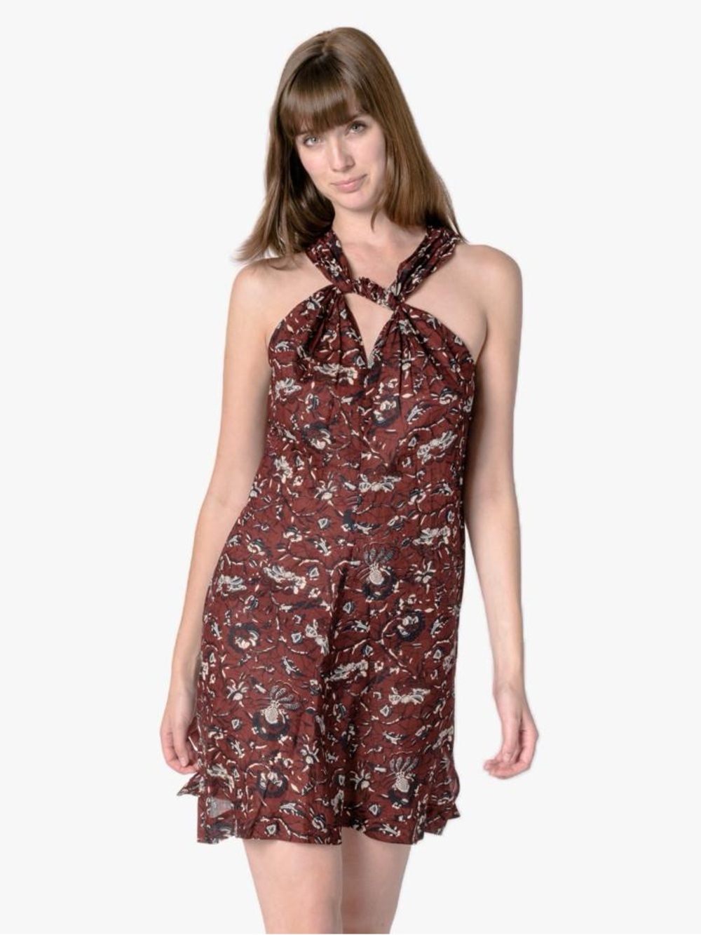 Isabel Marant Etoile Aba Floral Printed Cotton Voile Mini Dress Burgundy Size 4